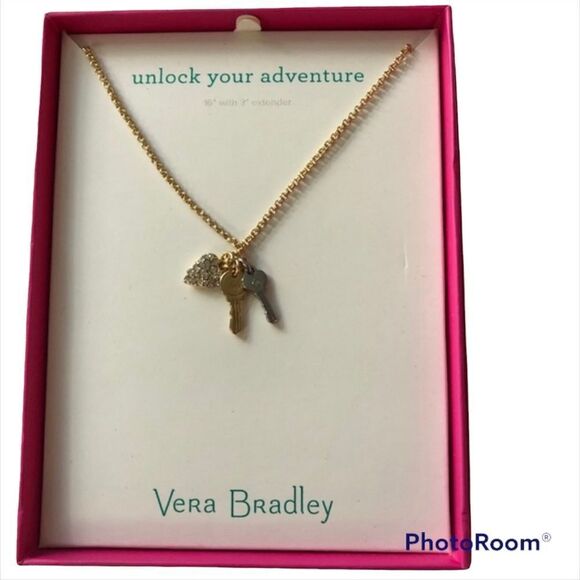 Vera Bradley “Unlock Your Adventure” Multi-Tone Keys/Hearts Necklace - Picture 1 of 3
